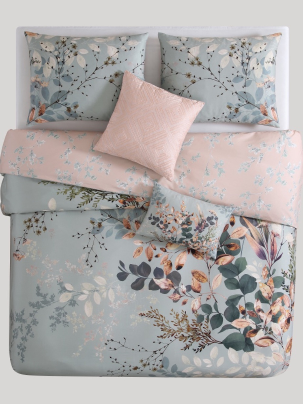 Bebejan Peach Leaves on Sage Reversible King Comforter Set - Picture 2 of 4